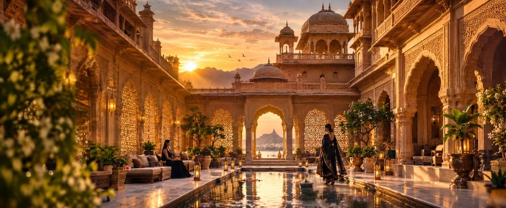 Cinematic luxury editorial photograph of an ornate Rajasthani palace courtyard carved in sandstone at sunrise